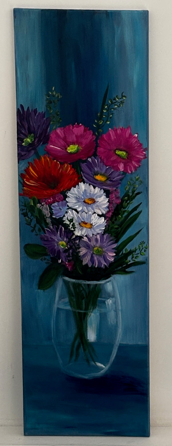 Painting of a vase with colorful flowers on a blue background