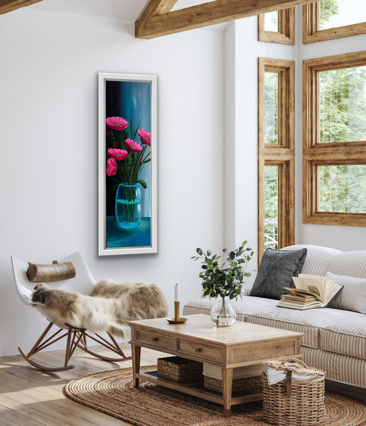 love and light original painting in living room. pink flower in glass vase. Grace Sugrue Art